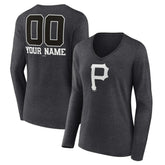 Charcoal Pittsburgh Pirates Women's Personalized Monochrome Name & Number Long Sleeve V-Neck T-Shirt