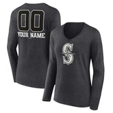 Charcoal Seattle Mariners Women's Personalized Monochrome Name & Number Long Sleeve V-Neck T-Shirt