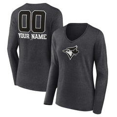 Charcoal Toronto Blue Jays Women's Personalized Monochrome Name & Number Long Sleeve V-Neck T-Shirt