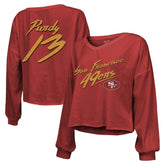 Brock Purdy Majestic Threads Women's Name & Number Off-Shoulder Script Cropped Long Sleeve Relaxed V-Neck T-Shirt - San Francisco 49ers T-shirts