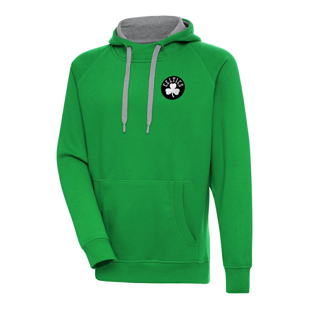Boston Celtics Antigua Metallic Logo Victory Raglan Pullover Hoodie