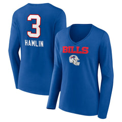 Damar Hamlin Women's Team Wordmark Player Name & Number Long Sleeve V-Neck T-Shirt - Buffalo Bills T-shirts