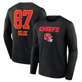 Travis Kelce Team Wordmark Player Name & Number Long Sleeve T-Shirt - Kansas City Chiefs T-shirts