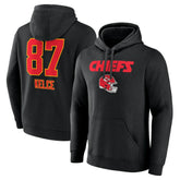 Travis Kelce Team Wordmark Player Name & Number Pullover Hoodie - Kansas City Chiefs Hoodies