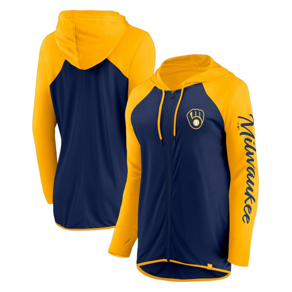 Navy/Gold Milwaukee Brewers Fanatics Women's Script Sleeve Full-Zip Hoodie