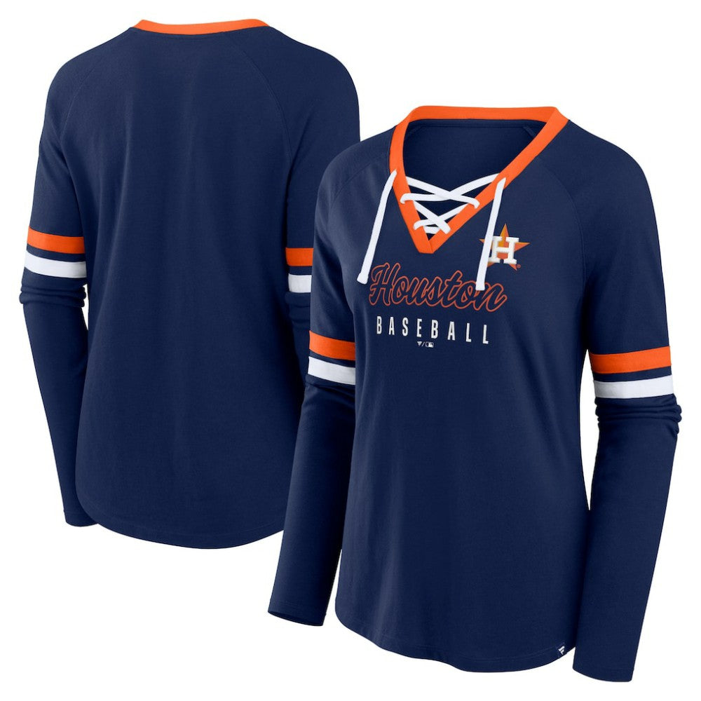Navy Houston Astros Fanatics Women's Won & Done Raglan Lace-Up Long Sleeve T-Shirt