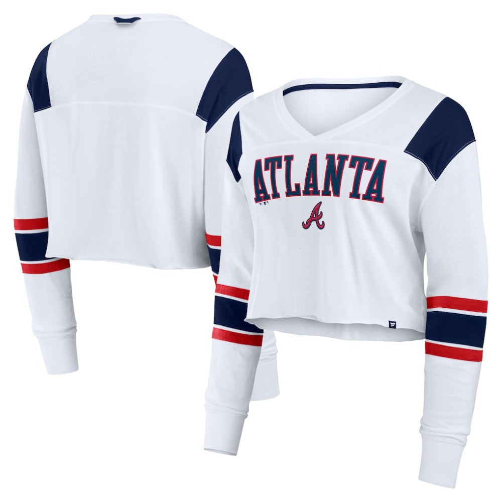 White Atlanta Braves Fanatics Women's Stretch Cropped Fashion Long Sleeve T-Shirt