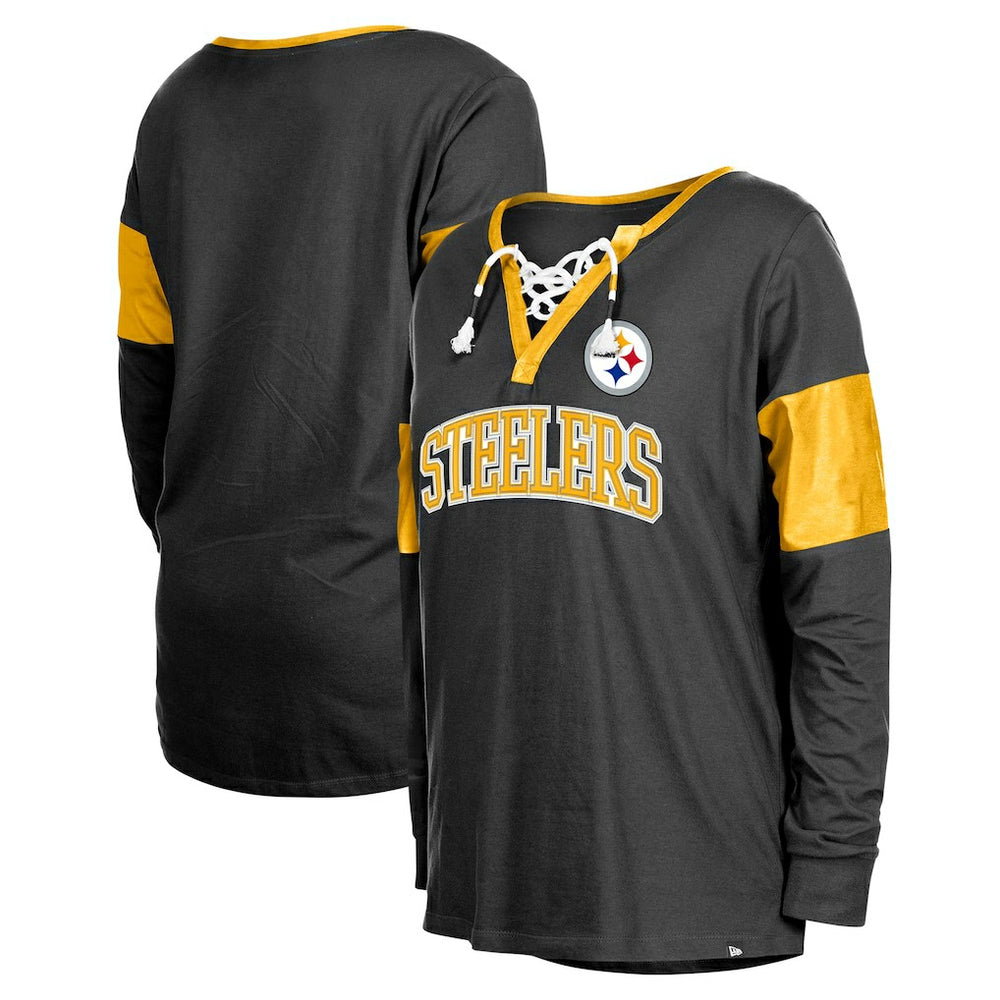 Women's Lace-Up Notch-Neck Long Sleeve T-Shirt - Pittsburgh Steelers T-shirts