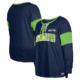 Women's Plus Size Lace-Up Notch Neck Long Sleeve T-Shirt - Seattle Seahawks T-shirts