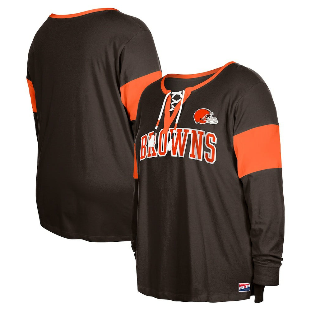 Women's Plus Size Lace-Up Notch Neck Long Sleeve T-Shirt - Cleveland Browns T-shirts