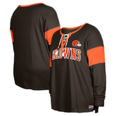 Women's Plus Size Lace-Up Notch Neck Long Sleeve T-Shirt - Cleveland Browns T-shirts