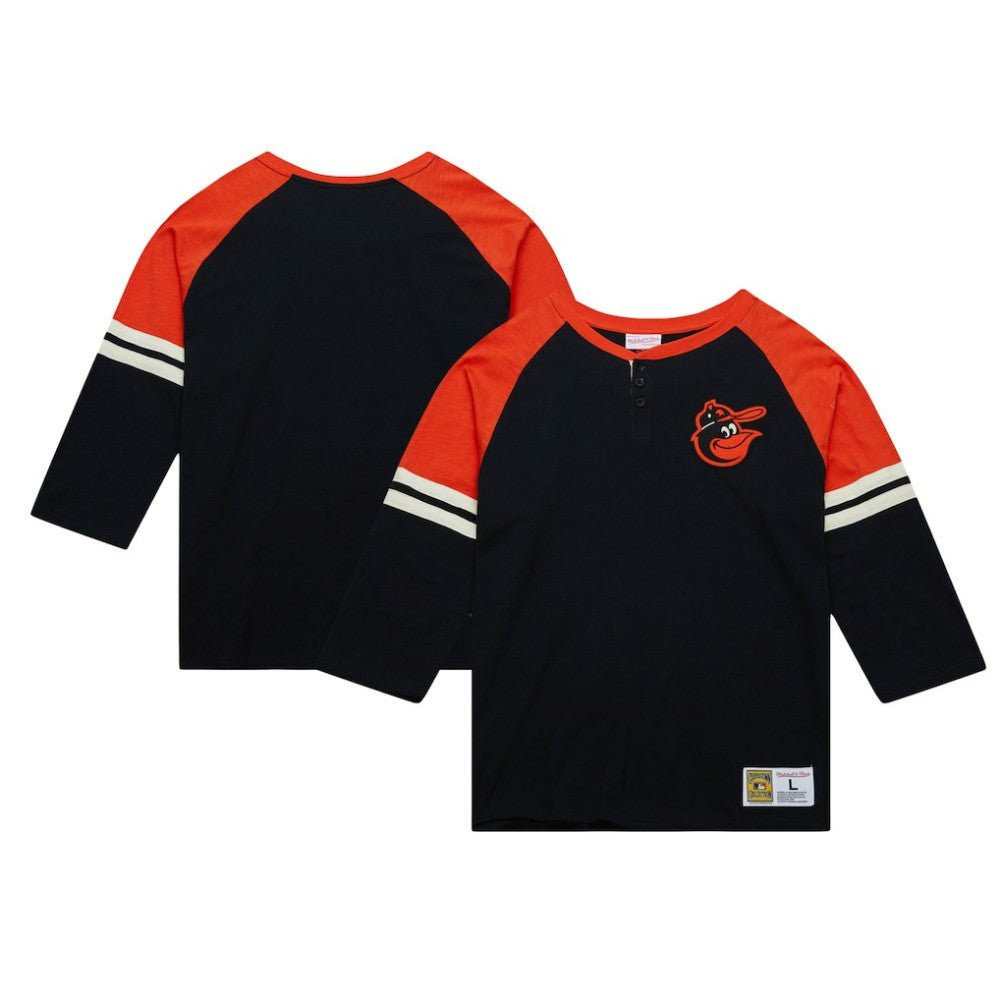 Black Baltimore Orioles Mitchell & Ness Cooperstown Collection Legendary Raglan Slub Henley 3/4-Sleeve T-Shirt