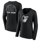 Black Baltimore Orioles Women's Monochrome Personalized Name & Number Long Sleeve V-Neck T-Shirt