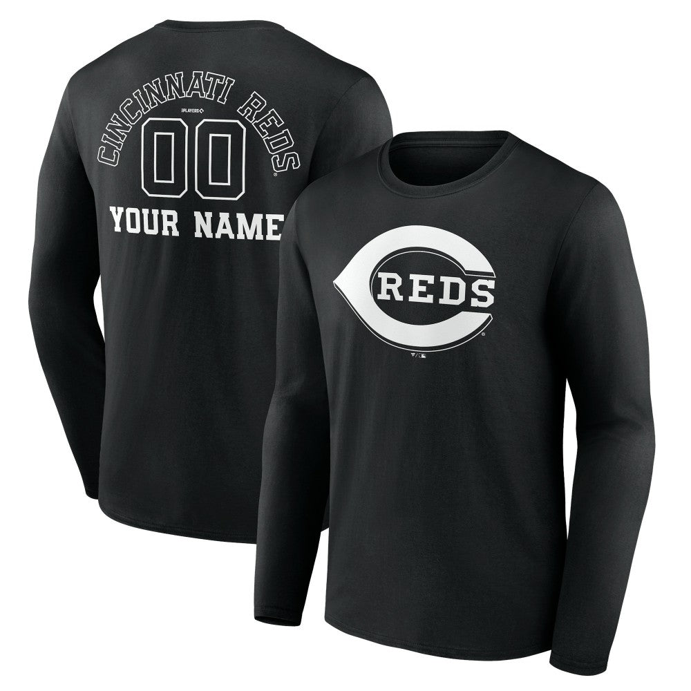 Black Cincinnati Reds Monochrome Personalized Name & Number Long Sleeve T-Shirt