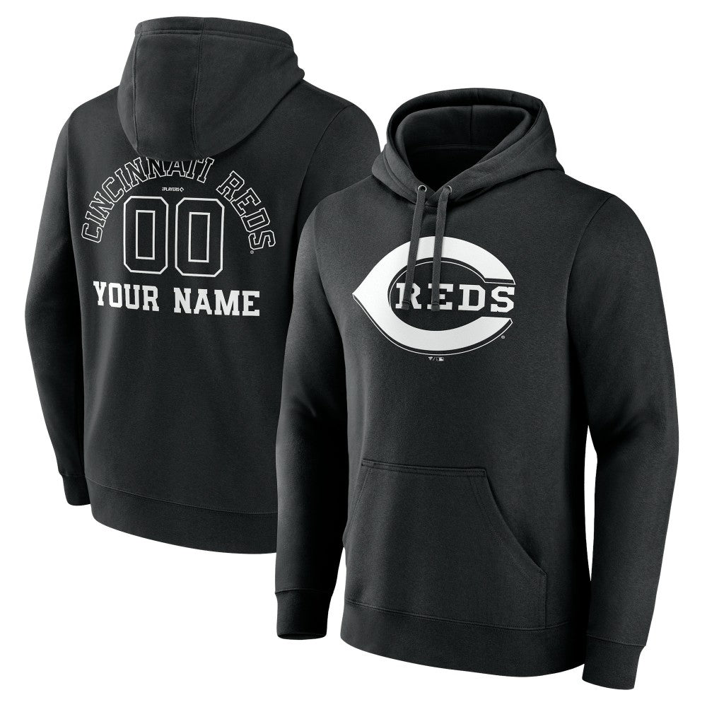 Black Cincinnati Reds Monochrome Personalized Name & Number Pullover Hoodie