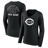 Black Cincinnati Reds Women's Monochrome Personalized Name & Number Long Sleeve V-Neck T-Shirt
