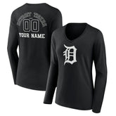 Black Detroit Tigers Women's Monochrome Personalized Name & Number Long Sleeve V-Neck T-Shirt