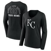Black Kansas City Royals Women's Monochrome Personalized Name & Number Long Sleeve V-Neck T-Shirt