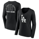 Black Los Angeles Dodgers Women's Monochrome Personalized Name & Number Long Sleeve V-Neck T-Shirt