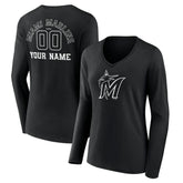Black Miami Marlins Women's Monochrome Personalized Name & Number Long Sleeve V-Neck T-Shirt
