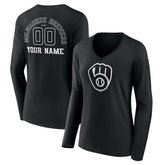 Black Milwaukee Brewers Women's Monochrome Personalized Name & Number Long Sleeve V-Neck T-Shirt