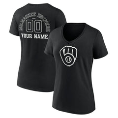 Black Milwaukee Brewers Women's Monochrome Personalized Name & Number V-Neck T-Shirt