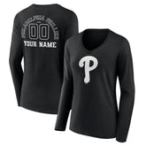 Black Philadelphia Phillies Women's Monochrome Personalized Name & Number Long Sleeve V-Neck T-Shirt