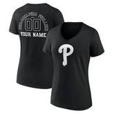 Black Philadelphia Phillies Women's Monochrome Personalized Name & Number V-Neck T-Shirt