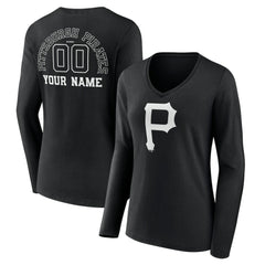 Black Pittsburgh Pirates Women's Monochrome Personalized Name & Number Long Sleeve V-Neck T-Shirt