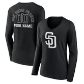 Black San Diego Padres Women's Monochrome Personalized Name & Number Long Sleeve V-Neck T-Shirt