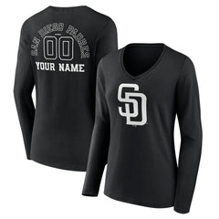 Black San Diego Padres Women's Monochrome Personalized Name & Number Long Sleeve V-Neck T-Shirt