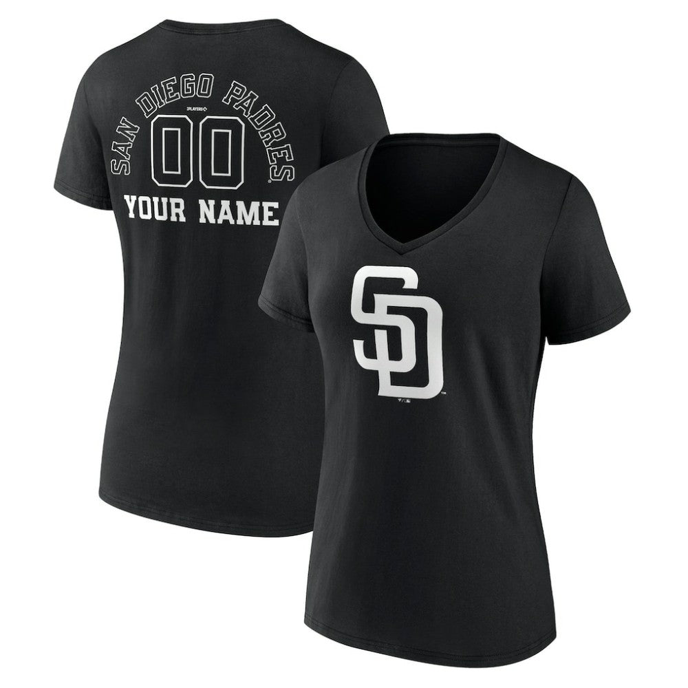 Black San Diego Padres Women's Monochrome Personalized Name & Number V-Neck T-Shirt