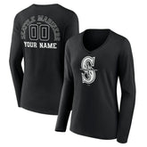 Black Seattle Mariners Women's Monochrome Personalized Name & Number Long Sleeve V-Neck T-Shirt