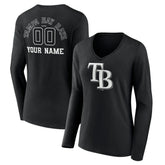 Black Tampa Bay Rays Women's Monochrome Personalized Name & Number Long Sleeve V-Neck T-Shirt