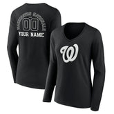 Black Washington Nationals Women's Monochrome Personalized Name & Number Long Sleeve V-Neck T-Shirt