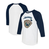 White/Navy Seattle Mariners Tiny Turnip Unisex Butterfly Glove 3/4-Sleeve Raglan T-Shirt