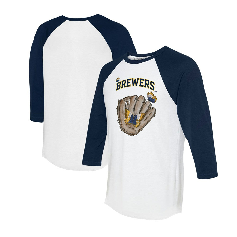 White/Navy Milwaukee Brewers Tiny Turnip Unisex Butterfly Glove 3/4-Sleeve Raglan T-Shirt