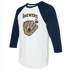 White/Navy Milwaukee Brewers Tiny Turnip Unisex Butterfly Glove 3/4-Sleeve Raglan T-Shirt