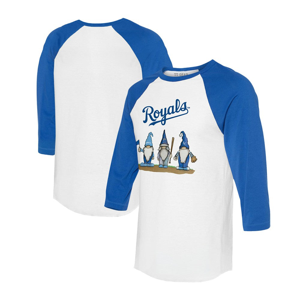 White/Royal Kansas City Royals Tiny Turnip Unisex Gnomes 3/4-Sleeve Raglan T-Shirt
