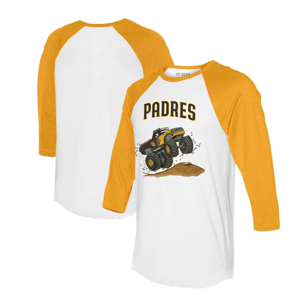 White/Gold San Diego Padres Tiny Turnip Unisex Monster Truck 3/4-Sleeve Raglan T-Shirt