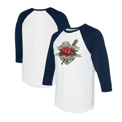 White/Navy Milwaukee Brewers Tiny Turnip Unisex Tattoo Rose 3/4-Sleeve Raglan T-Shirt