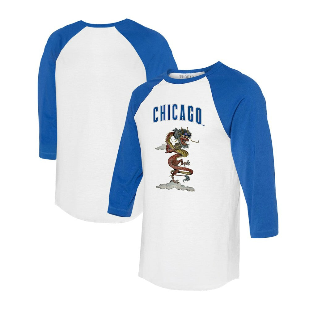 White/Royal Chicago Cubs Tiny Turnip Unisex 2024 Year of the Dragon 3/4-Sleeve Raglan T-Shirt