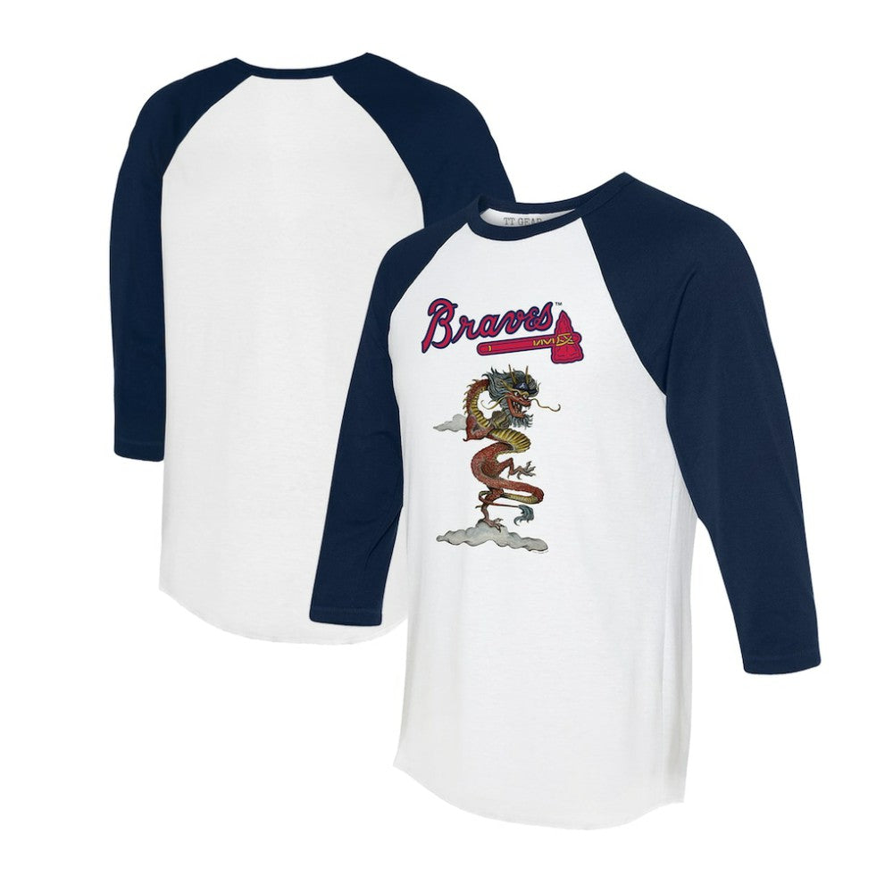 White/Navy Atlanta Braves Tiny Turnip Unisex 2024 Year of the Dragon 3/4-Sleeve Raglan T-Shirt