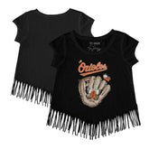 Black Baltimore Orioles Tiny Turnip Girls Youth Butterfly Glove Fringe T-Shirt