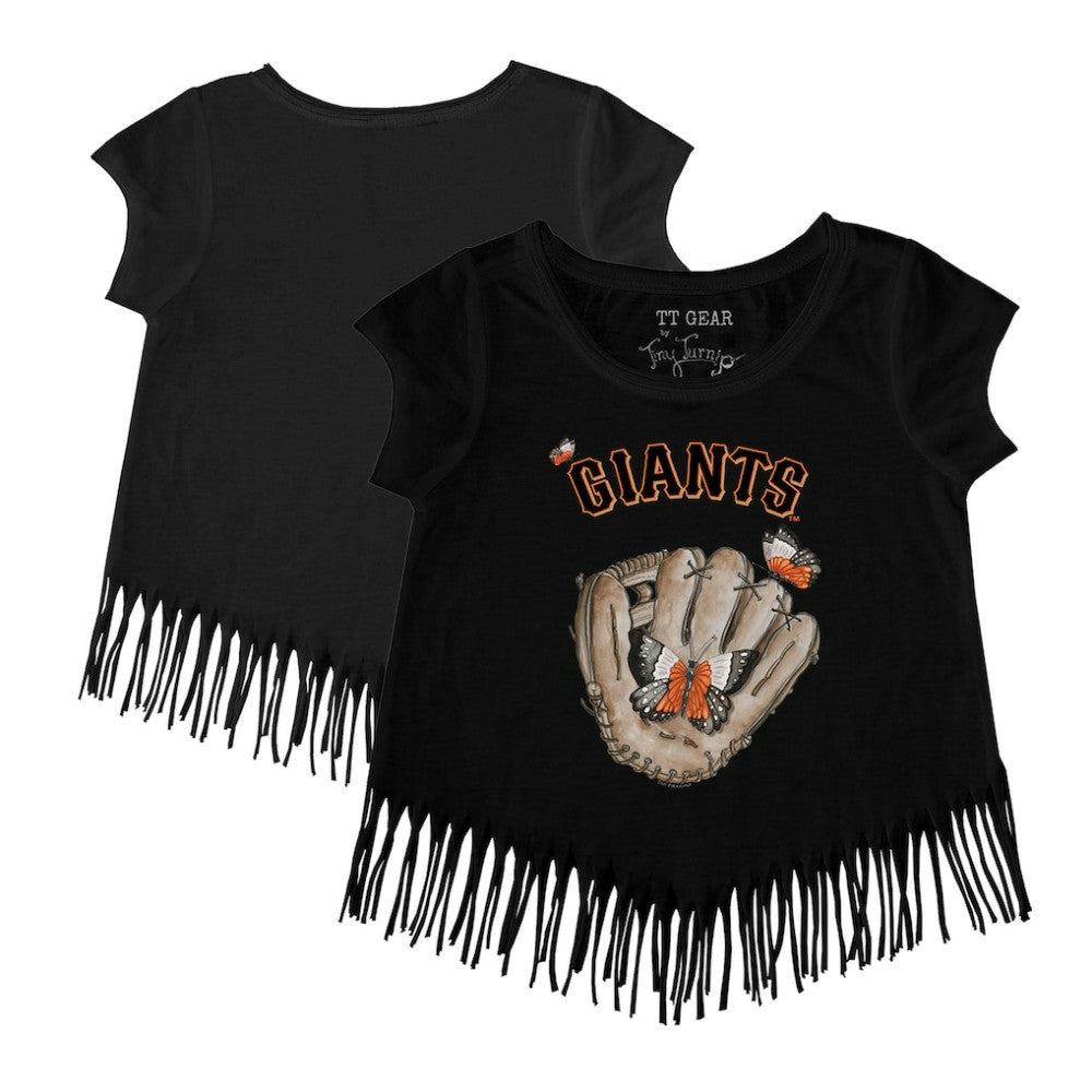Black San Francisco Giants Tiny Turnip Girls Youth Butterfly Glove Fringe T-Shirt