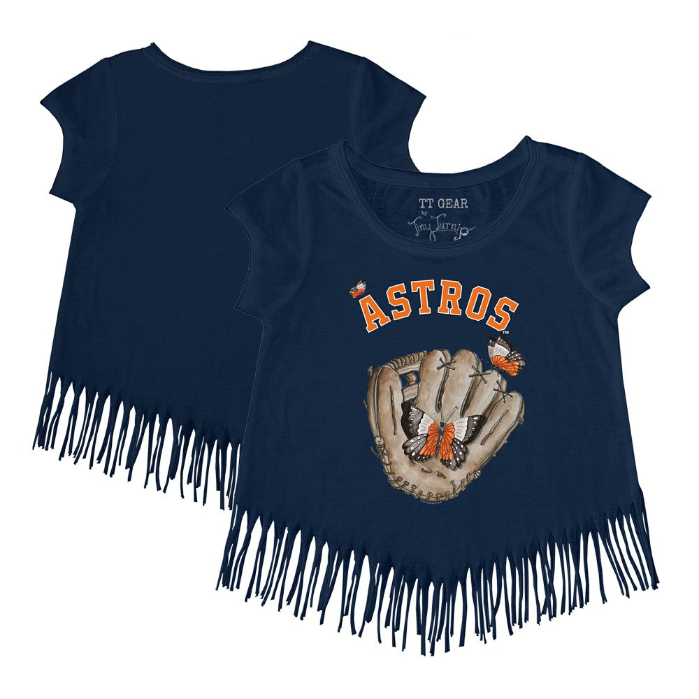 Navy Houston Astros Tiny Turnip Girls Youth Butterfly Glove Fringe T-Shirt