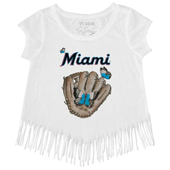 White Miami Marlins Tiny Turnip Girls Youth Butterfly Glove Fringe T-Shirt