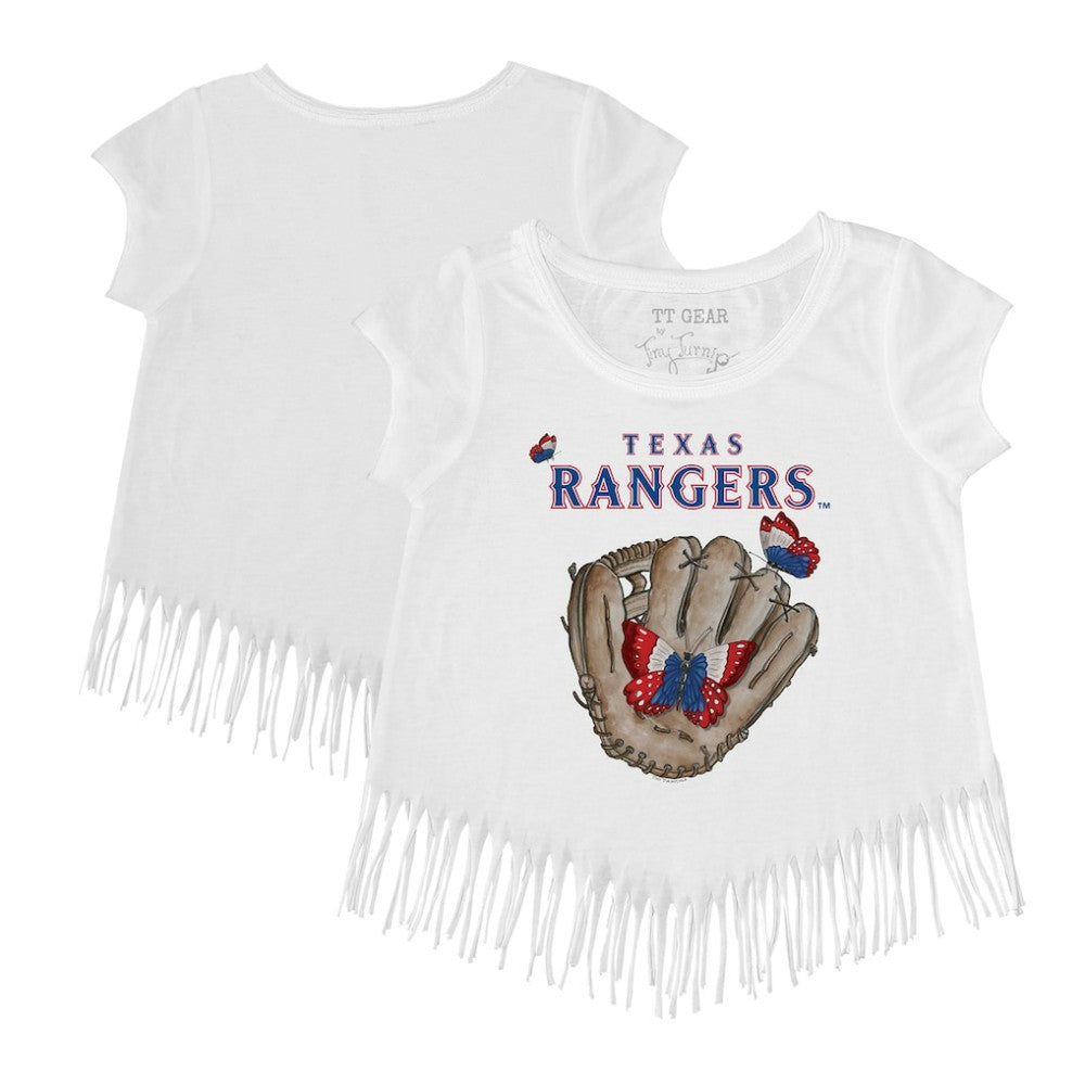 White Texas Rangers Tiny Turnip Girls Youth Butterfly Glove Fringe T-Shirt
