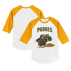 White/Gold San Diego Padres Tiny Turnip Youth Monster Truck 3/4-Sleeve Raglan T-Shirt