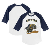 White/Navy Milwaukee Brewers Tiny Turnip Youth Monster Truck 3/4-Sleeve Raglan T-Shirt